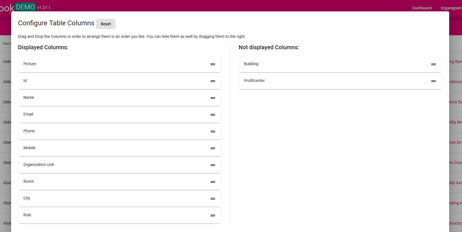 screenshot of table columns configuration